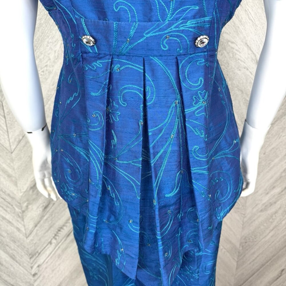 VTG 80s Skirt Suit Set Glam Power Cocktail Party Business Blue Rhinestone M/L - Picture 6 of 14